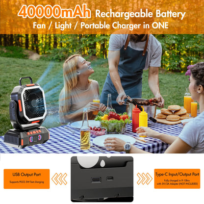 Camping Fan 40000mAh Battery Powered Fan Rechargeable 4 Speeds with LED Lantern - Portable Outdoor Tent Fans with Hanging Hook