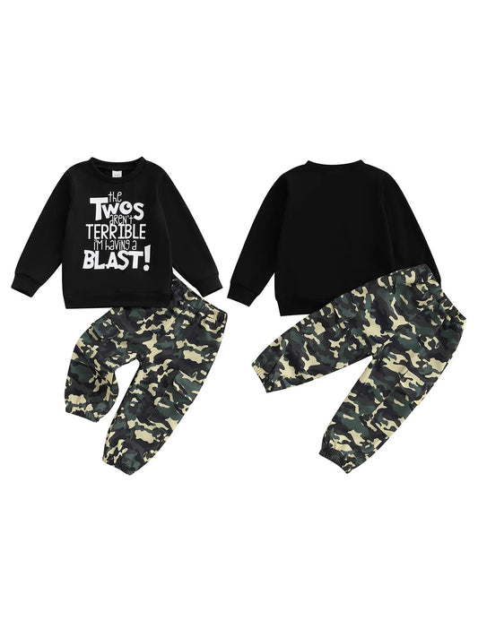 Toddler Boy Autumn Birthday Set with Letter Print Sweatshirt and Camo Pants Long Sleeve Outfit for Fall Celebration