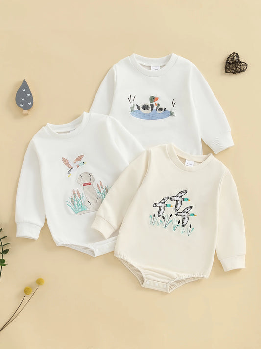 Infant Boys Fall Overalls with Long Sleeves and Crew Neck Featuring Adorable Duck Embroidery on Sweatshirt Style Romper