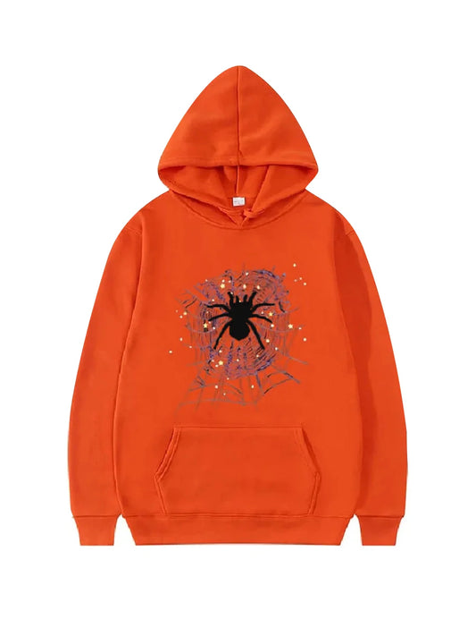 Women Halloween Hoodie Long Sleeve Hooded Cobweb Spider Print Sweatshirt Pullover Fall Tops with Pocket