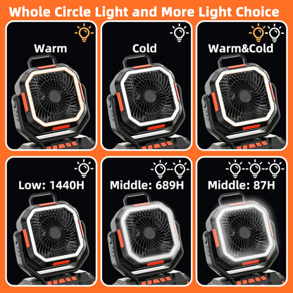 Camping Fan 40000mAh Battery Powered Fan Rechargeable 4 Speeds with LED Lantern - Portable Outdoor Tent Fans with Hanging Hook