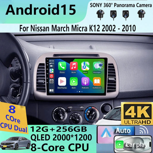 Android 15 Carplay WIFI+4G For Nissan March Micra K12 2002 2003 2004-2010 Car Radio Multimedia Player GPS Stereo 2din Head Unit